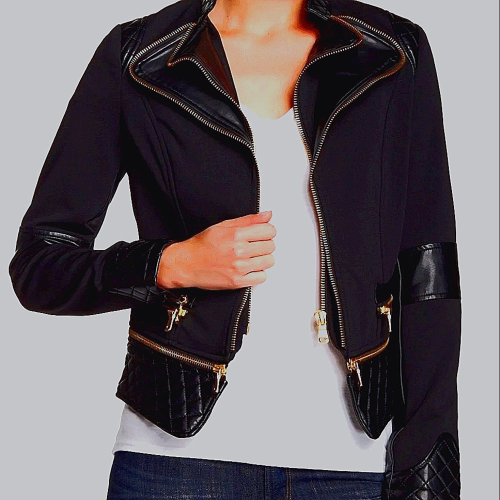 FILLMORE Double Zip Detach Bottom Moto Jacket Size M Black/Gold, FREE SHIPPING!